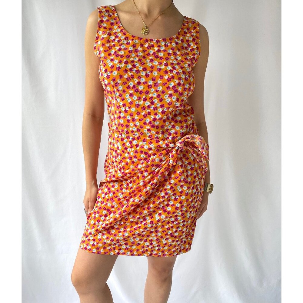 90s vintage orange floral print tropical vacation casual short wrap mini dress